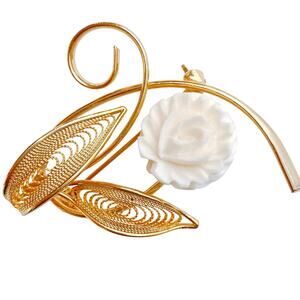 VTG Mid Century Gold Tone Filigree Brooch White Flower Openwork 1950s 1960s